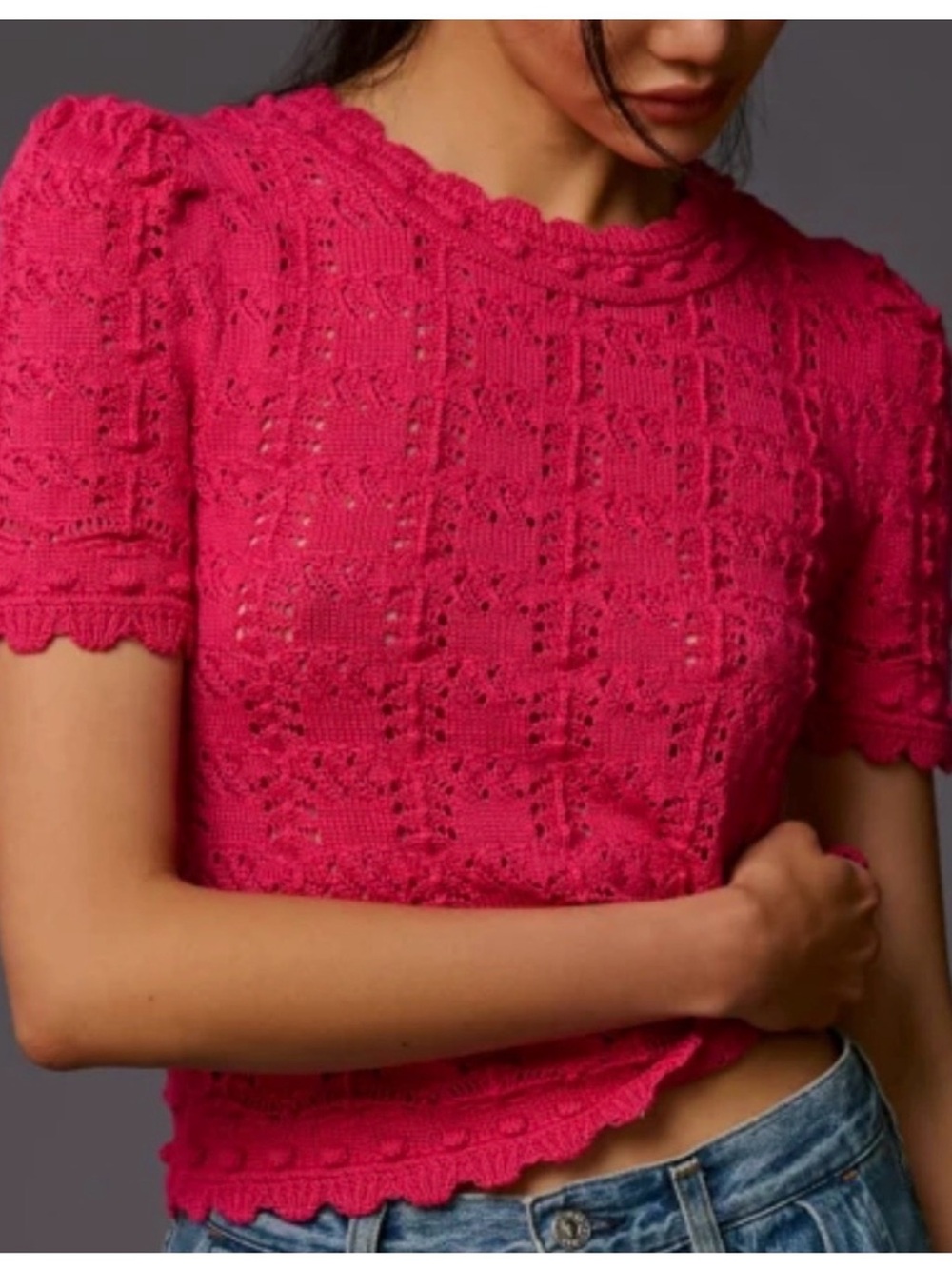 Anthropologie Pointelle Short Sleeve Sweater Textured Delicate Pom Pom Stitching